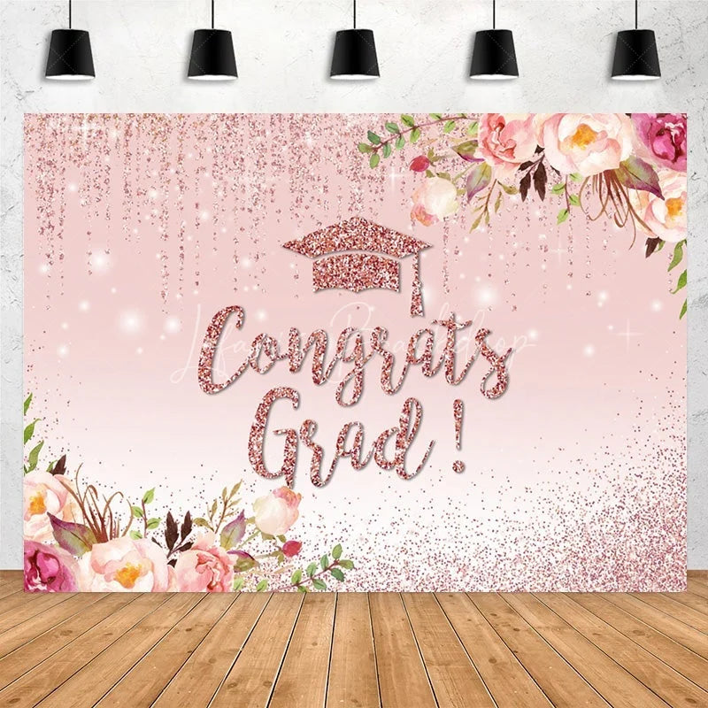 Lofaris Pink Flowers And Glitter Theme Congratsgrad Backdrop