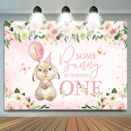 Lofaris Pink Flowers Bunny Balloons 1st Birthday Backdrop