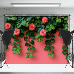 Lofaris Pink Flowers Green Leaves Wall Photography Backdrop