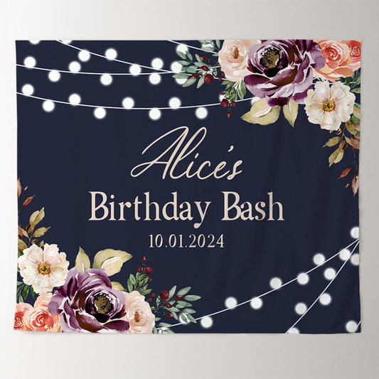 Lofaris Pink Flowers Navy Blue Custom Birthday Backdrop