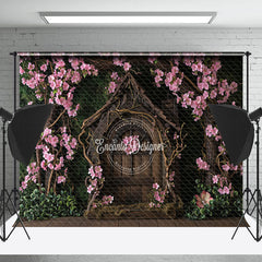 Lofaris Pink Flowers Surround Vintage Wood House backdrop