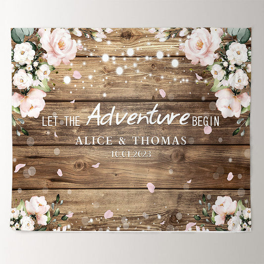 Lofaris Pink Flowers With Lights Wooden Theme Wedding Backdrop