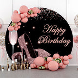 Load image into Gallery viewer, Lofaris Pink Glitter Heels Black Round Happy Birthday Backdrop
