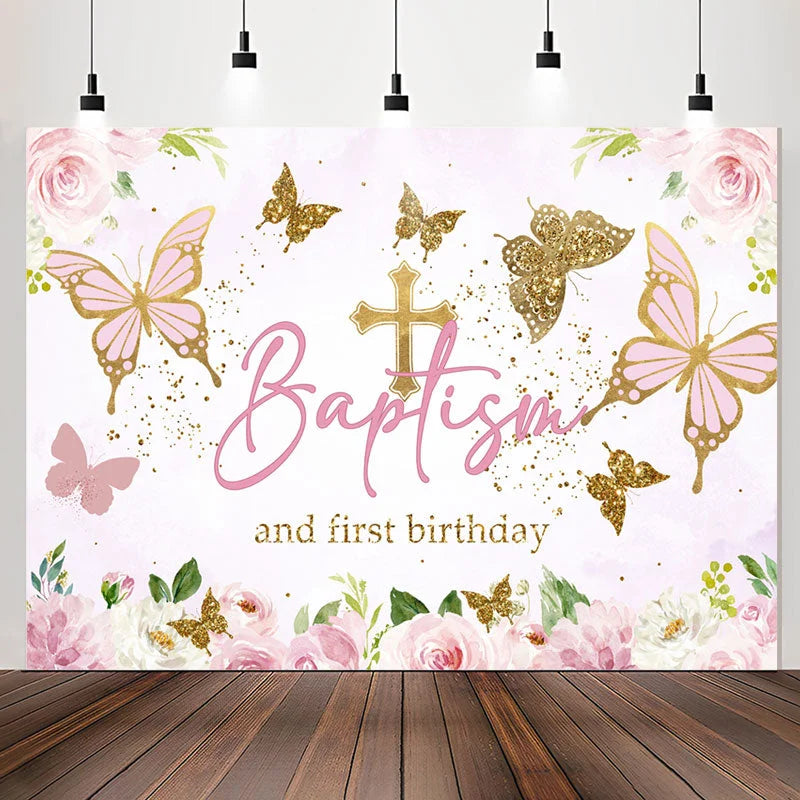 Lofaris Pink Gold Butterfly Baptism First Birthday Backdrop