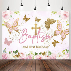 Lofaris Pink Gold Butterfly Baptism First Birthday Backdrop