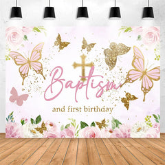 Lofaris Pink Gold Butterfly Baptism First Birthday Backdrop