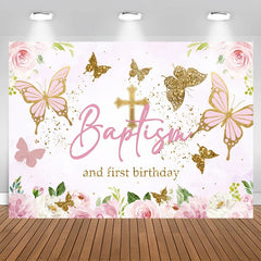 Lofaris Pink Gold Butterfly Baptism First Birthday Backdrop