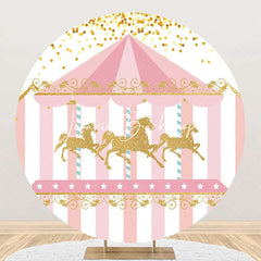 Lofaris Pink Gold Carousel Circus Round Birthday Backdrop