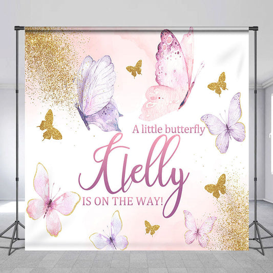 Lofaris Pink Gold Cute Butterfly Custom Baby Shower Backdrop