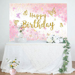 Lofaris Pink Gold Glitter Butterfly Happy Birthday Backdrop