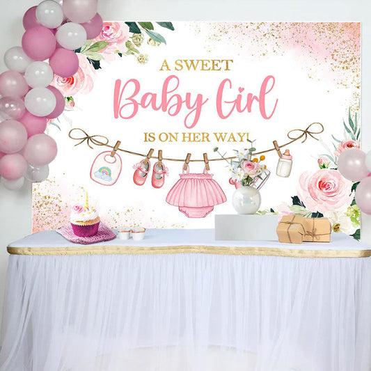 Lofaris Pink Golden Floral Baby Shower Backdrop For Girls