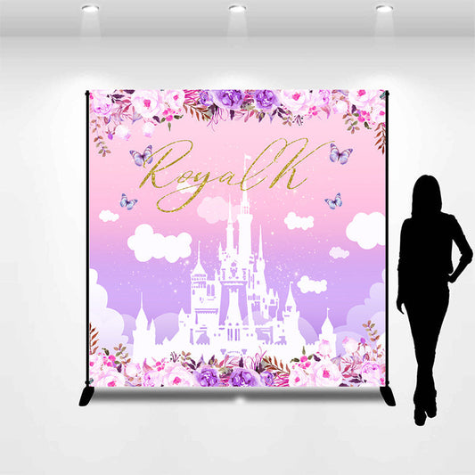 Lofaris Pink Gradient Castle Floral Custom Birthday Backdrop