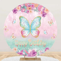 Lofaris Pink Green Butterfly Floral Round Birthday Backdrop