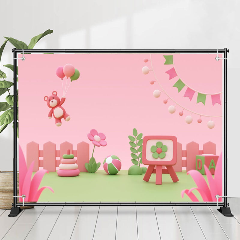 Lofaris Pink Green Floral Cartoon Bear Birthday Backdrop