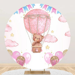 Lofaris Pink Hot Air Balloon Bear Circle Birthday Backdrop