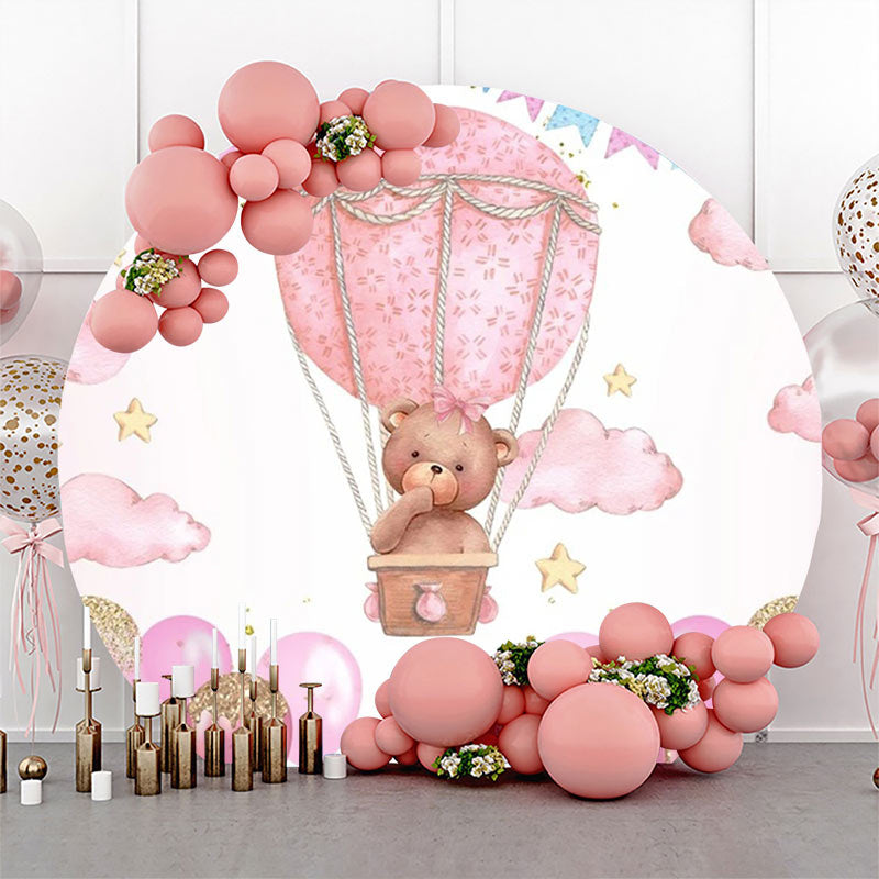 Lofaris Pink Hot Air Balloon Bear Circle Birthday Backdrop