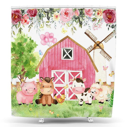 Lofaris Pink House Animal Floral Green Tree Shower Curtain