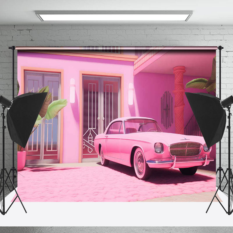 Lofaris Pink House Door Stairs Classic Car Photo Backdrop