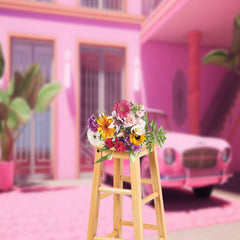 Lofaris Pink House Door Stairs Classic Car Photo Backdrop