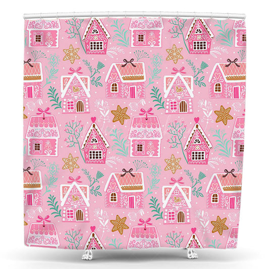 Lofaris Pink House Gold Stars Leaves Birthday Shower Curtain