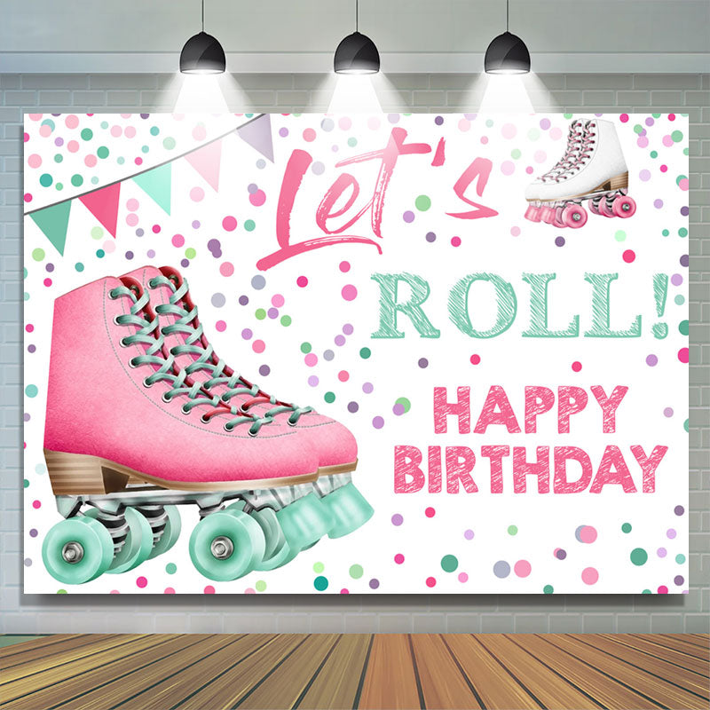 Lofaris Pink Inline Skates Lets Roll Girls Birthday Backdrop