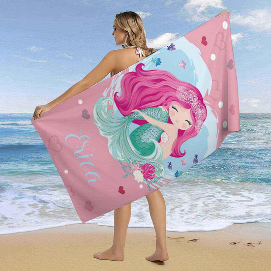 Lofaris Pink Mermaid Cute Girl Personalized Name Beach Towel
