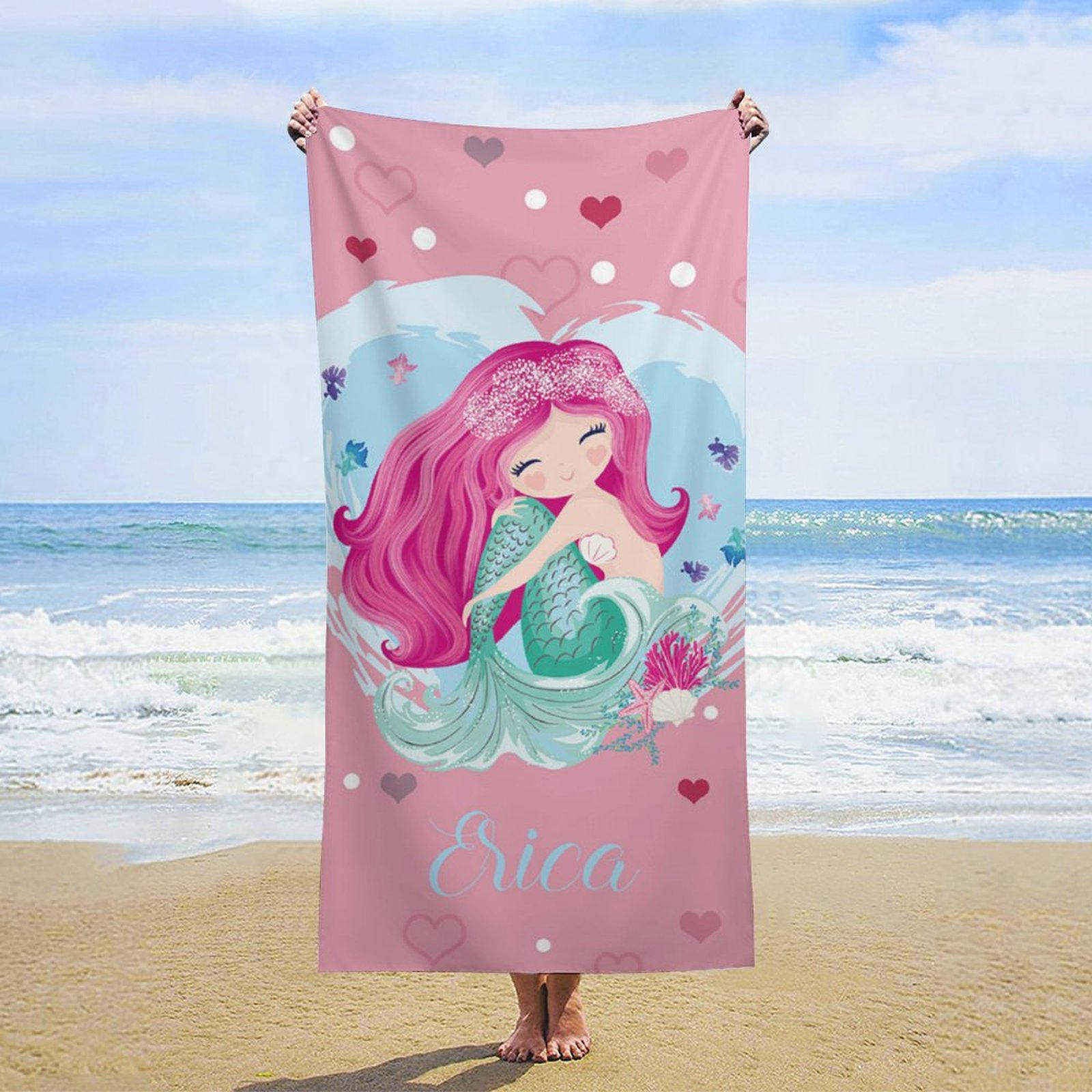 Lofaris Pink Mermaid Cute Girl Personalized Name Beach Towel