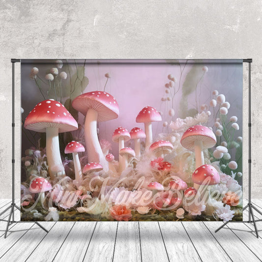 Lofaris Pink Mushroom White Floral Misty Wonderland Backdrop