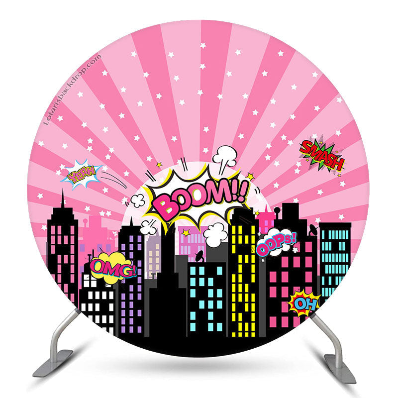 Lofaris Pink Night City Star Boom Round Birthday Backdrop