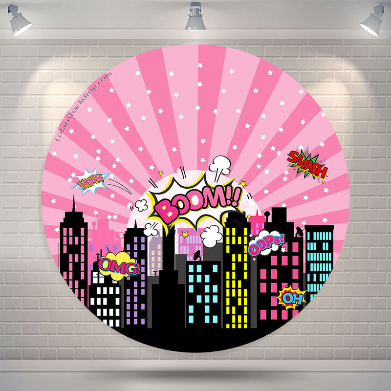 Lofaris Pink Night City Star Boom Round Birthday Backdrop