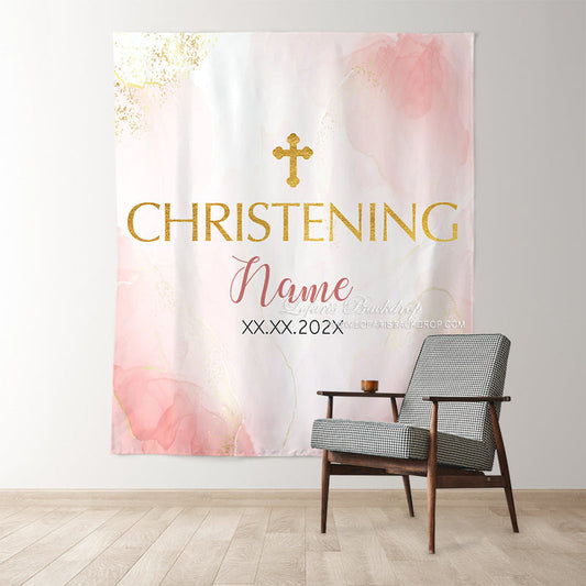 Lofaris Pink Watercolor Christening Gold Baptism Backdrop For Girl