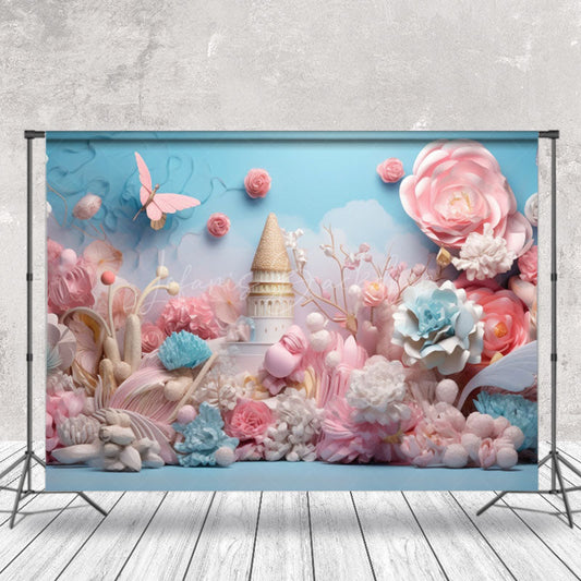 Lofaris Pink Paper Floral Castle Birthday Backdrop For Photo