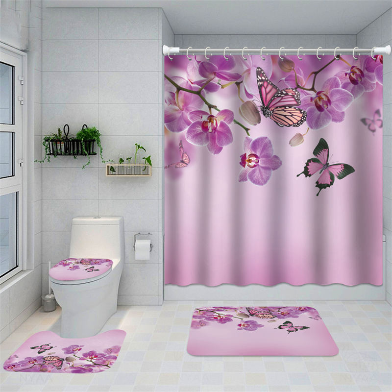 Lofaris Pink Peach Blossoms Butterfly Bath Shower Curtain