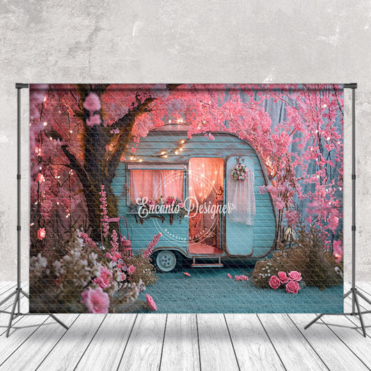 Lofaris Pink Peach Flower Tree Light Blue RV Spring Backdrop