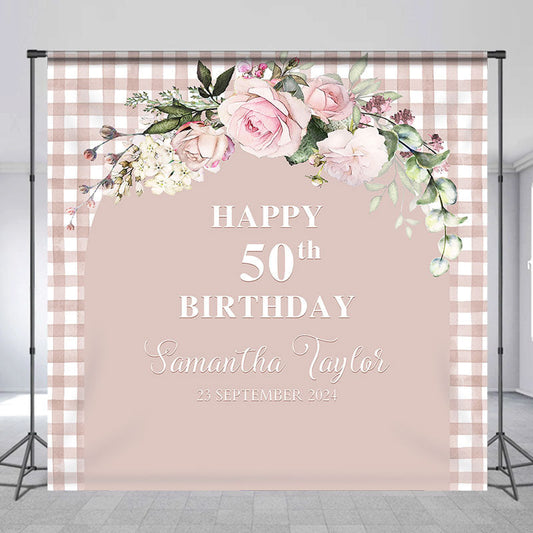 Lofaris Pink Plaid Arch Floral Custom 50th Birthday Backdrop