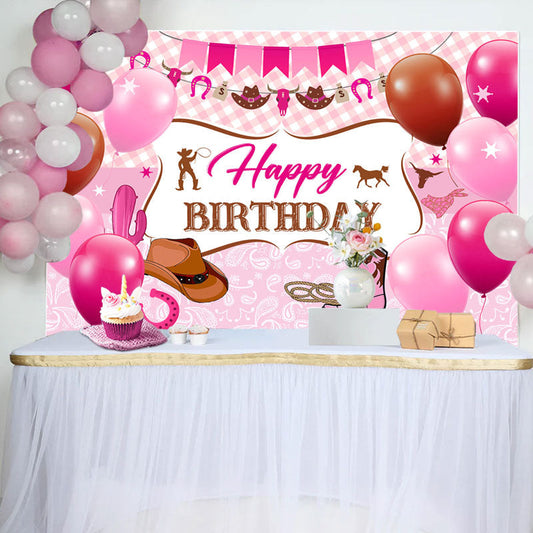 Lofaris Pink Plaid Balloons Cowgirl Boots Birthday Backdrop