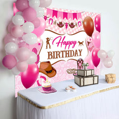Lofaris Pink Plaid Balloons Cowgirl Boots Birthday Backdrop