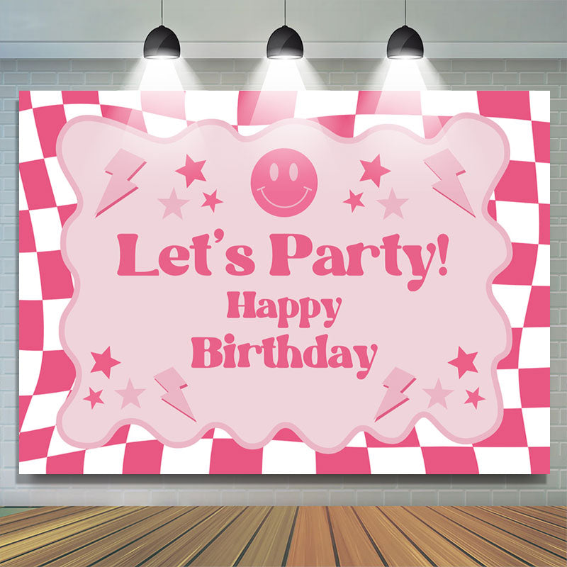 Lofaris Pink Plaid Girls Lets Party Happy Birthday Backdrop