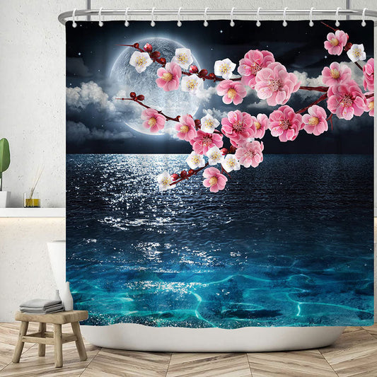 Lofaris Pink Plum Blossom Lake Surface Moon Shower Curtain