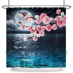Lofaris Pink Plum Blossom Lake Surface Moon Shower Curtain