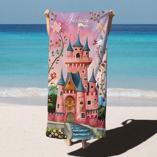 Lofaris Pink Princess Castle Custom Name Girl Beach Towel