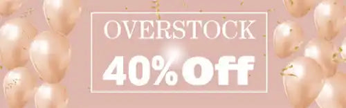 Pink promotional banner advertising 40% off overstock items.