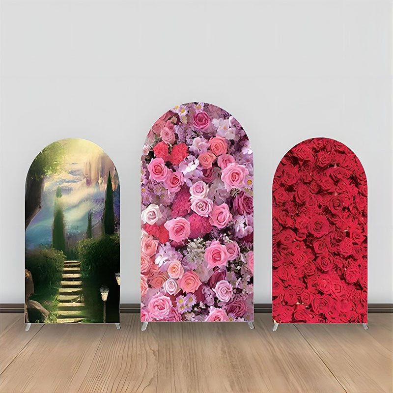 Lofaris Pink Red Floral Green Tree Stair Arch Backdrop Kit