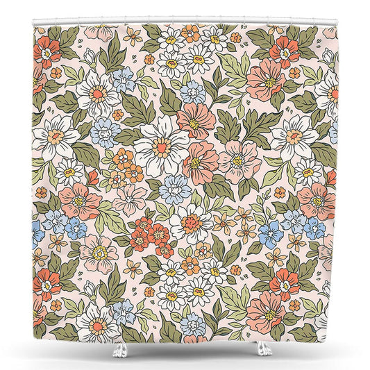 Lofaris Pink Red Floral Leaves Rustic Boho Shower Curtain