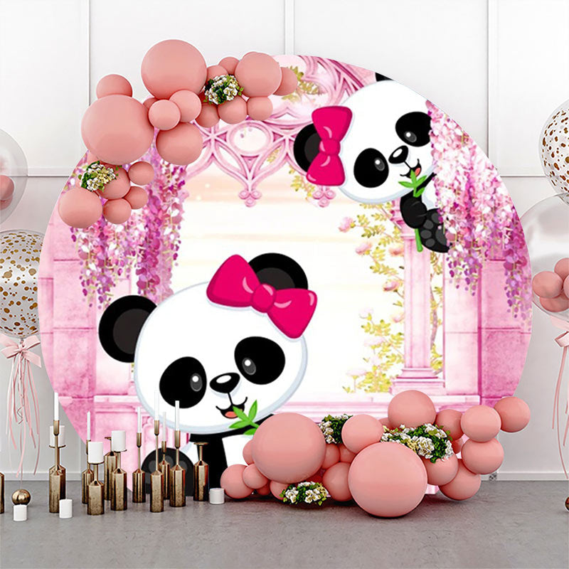 Lofaris Pink Room Floral Panda Round Birthday Party Backdrop