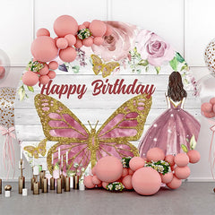 Lofaris Pink Rose Butterfly Wooden Round Birthday Backdrop