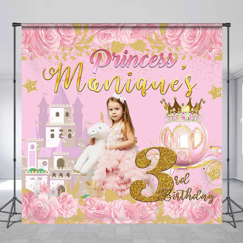 Pink Rose Princess Castle Custom 3rd Birthday Backdrop - Lofaris