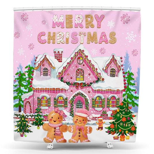 Lofaris Pink Snowy House Tree Merry Christmas Shower Curtain