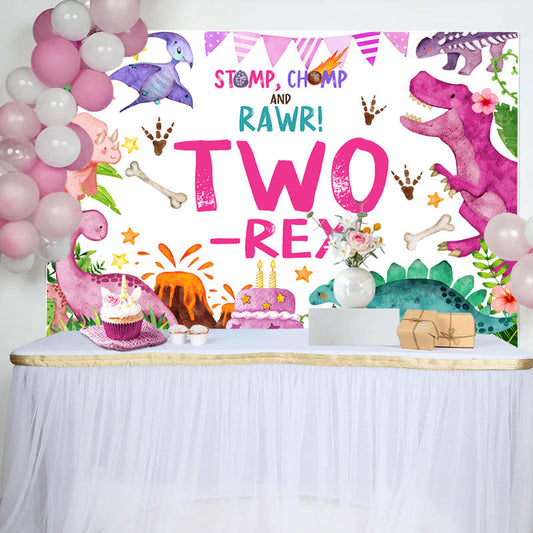 Lofaris Pink Stomp Chomp Rawr Two Rex 2nd Birthday Backdrop