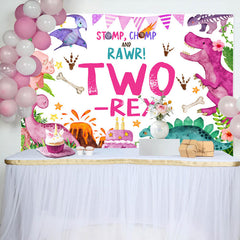 Lofaris Pink Stomp Chomp Rawr Two Rex 2nd Birthday Backdrop